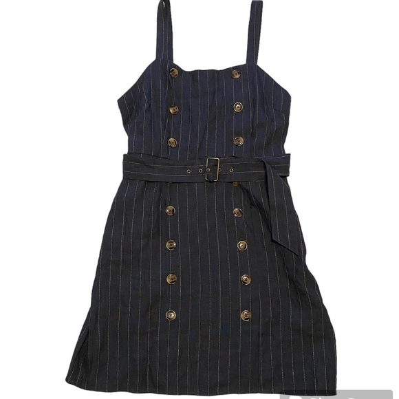 Forever 21 Linen Blend Pinstripe Jumper w/ Side Pocket & Hidden Side Zipper Sz L - Picture 1 of 8